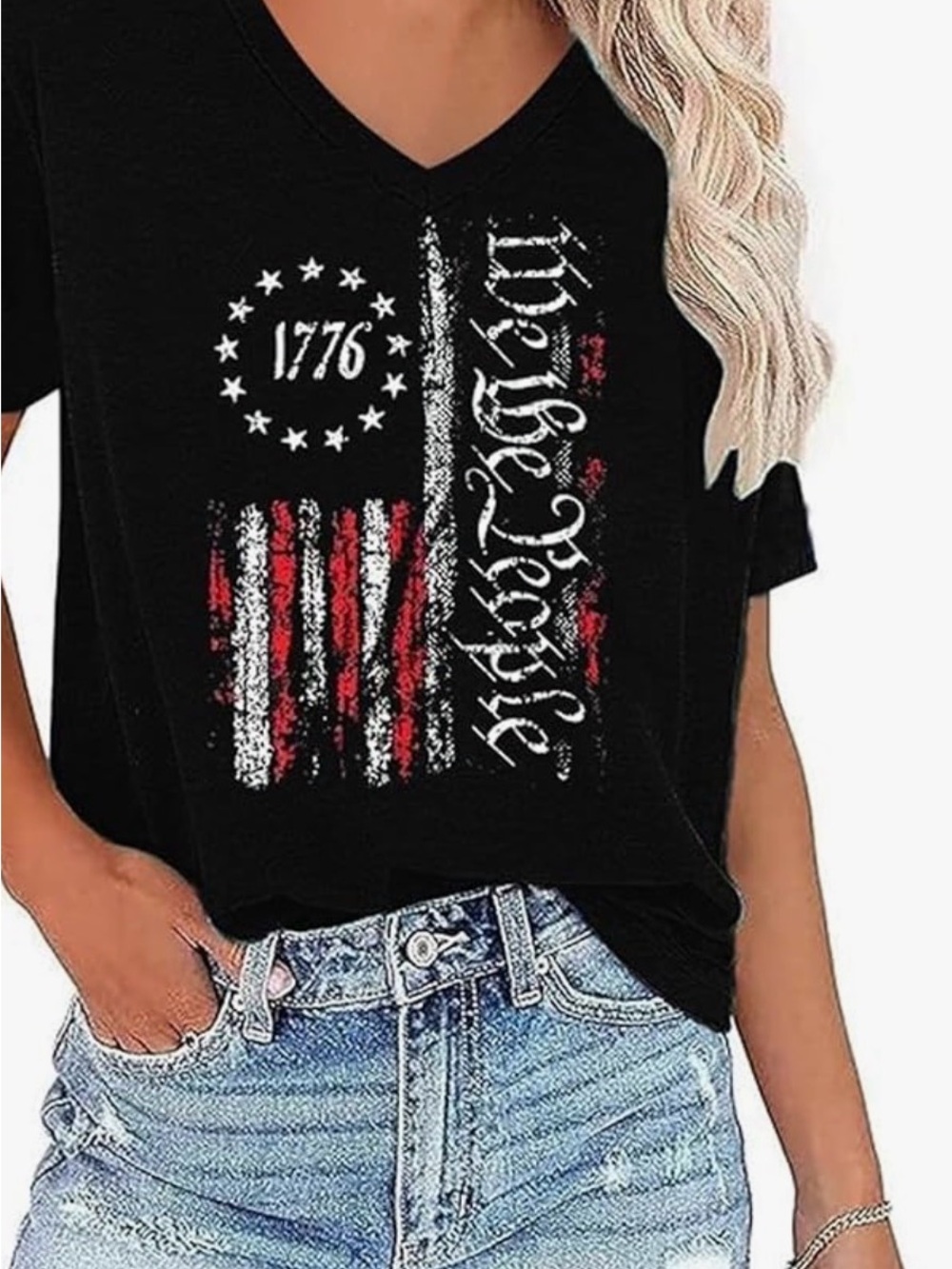 Black 'We the People' V-Neck Graphic Tee. NIB S